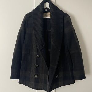 Burberry Brit Black Wool Plaid Pea Coat US 10